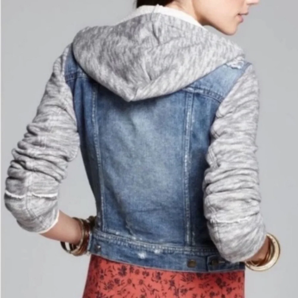 Free People Hooded Denim Jacket Size XS Cotton Distressed Removable Hood - Picture 13 of 13